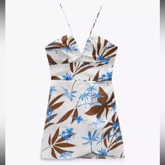 NWT Zara Tropical Print Mini Dress Linen Blend Sundress - Picture 5 of 13